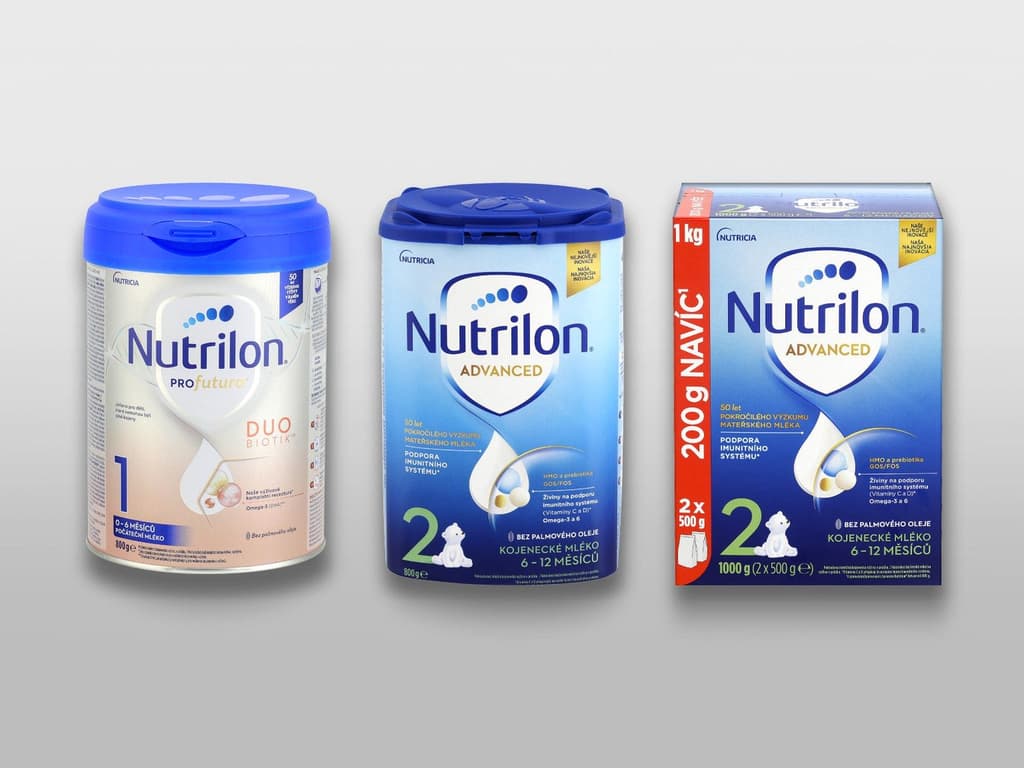 Stahované výrobky Nutrilon Profutura Duobiotik 1 (800 g), Advanced 2 (800 g) a Advanced 2 (1 kg)